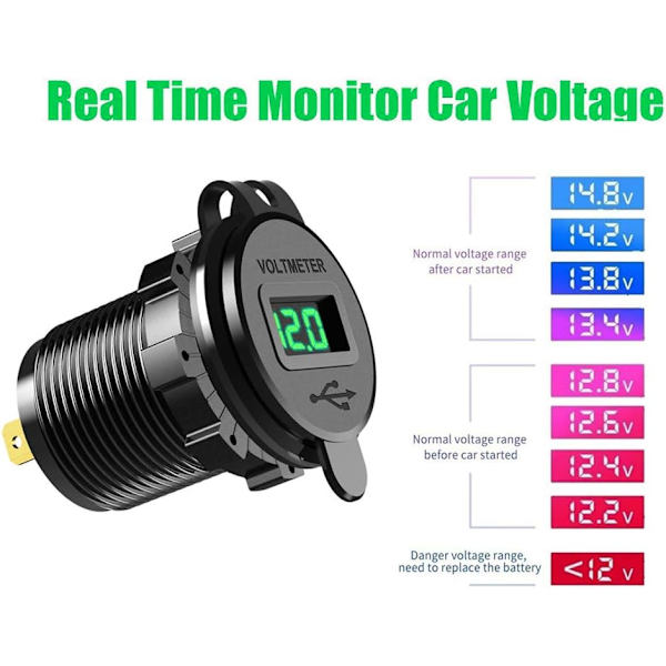 Biloplader (Grøn) Hurtig USB To QC3.0 USB-porte, 12V/24V 36W Vandtæt med LED Digital Voltmeter til Motorcykel, Campingvogn, Lastbil, Båd og Mere