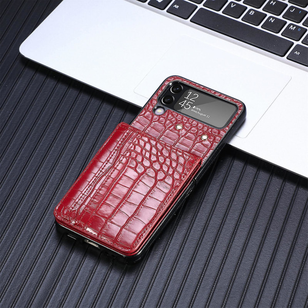 Krokodillemønster etui kompatibelt med Samsung Galaxy Z Flip 4, Pu læder beskyttelsescover med kortplads Rød