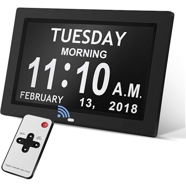Digital kalender dag ur ramme (9 tommer hvid) - automatisk dæmpning display, stort svagtseende digitalt ur, med ikke forkortet dag og man