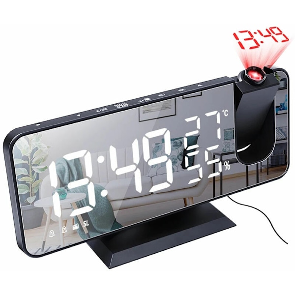 Vakna till projektion, digital väckarklocka med projektion, radioväckarklocka med USB-anslutning, stor LED-skärm, dubbel snooze-alarm, projekt