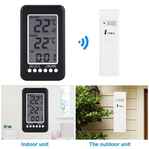 Inomhus utomhus termometer, termometer mottagning, digital LCD inomhustermometer utomhus klocka klocka trådlös sändare med