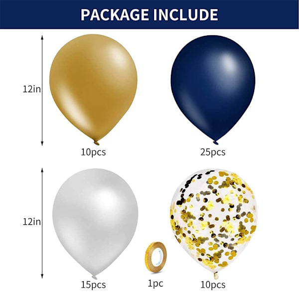 60 stycken marinblå och guld ballonger, 12 tum metalliska kromguld och konfetti latexballonger, festballongset för pojkar födelsedag, bröllop, baby