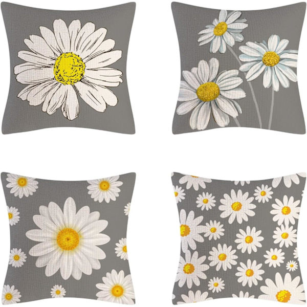 Daisy Kuddfodral Set om 4, Linne Kvadrat Blommiga Örngott 18x18 Tum för Dekorativ Soffa Säng Hem Bil Utomhus Trädgård Gåvor (Grå)