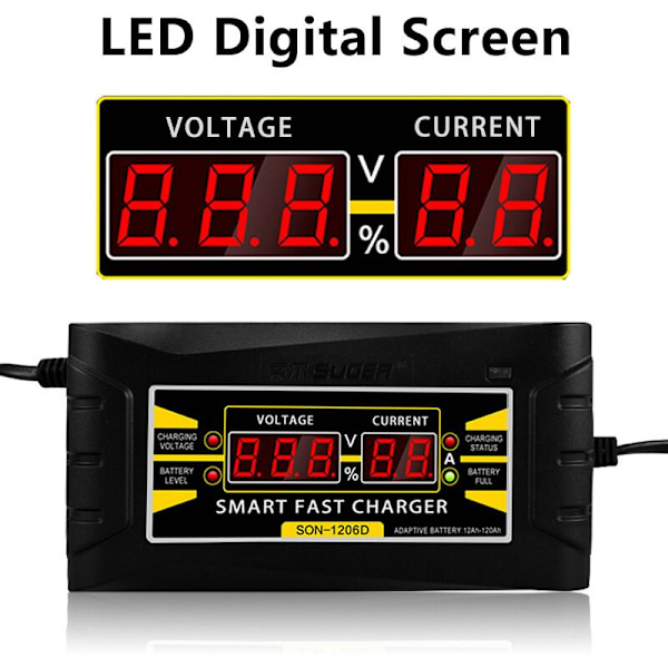 Lämplig för SON1206D batteriladdare för bil med bilkabel, smart batteriladdare, snabbladdning, bältesdisplay (12V6A)