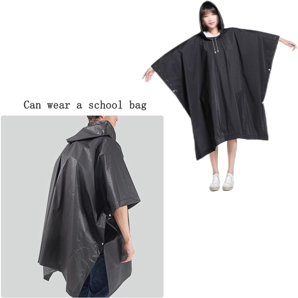 2 stk. Sort Regnponcho, Vandtæt Regnponcho, Regnfrakke med Hætte, til Vandreture, Camping, Rejser, Cykling (Sort)