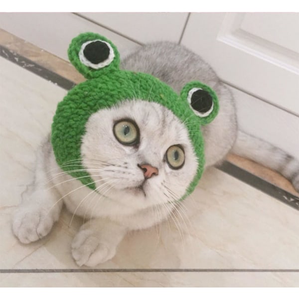 Pet Hat - Håndstrikket lue i ullgarn til katt, hund, valp, teddy, tegneseriefrosk, dyrepleietilbehør, klær, grønn, S
