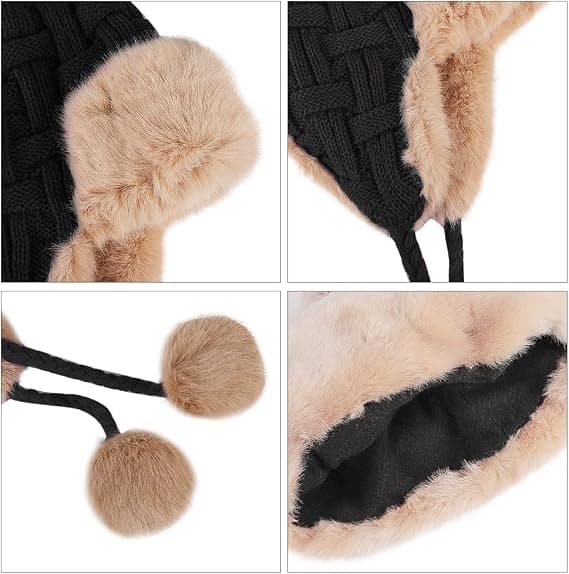 Dam vinter stickad mössa ullfodrad pom pom mössa peruansk mössa varm stickad öronmuffar mössa tjock mössa