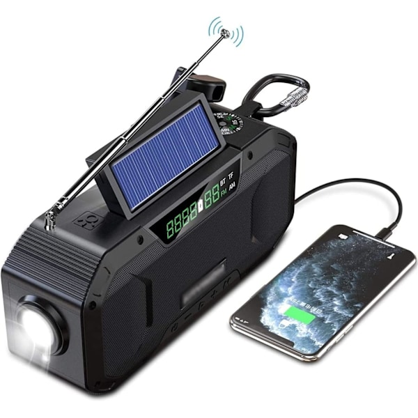 Handvevradio med LCD-display, 2000mAh Bärbar NOAA Väder Solradio svart