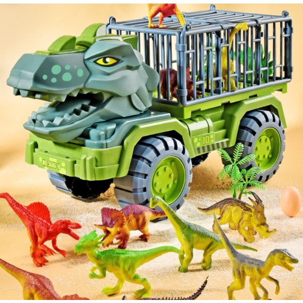 Dinosaurie lastbilsleksak för barn 3-5 år, T-Rex transportbil transportbil med dinosaurieägg, träd, leksaksset för pojkar och flickor (stil 3)