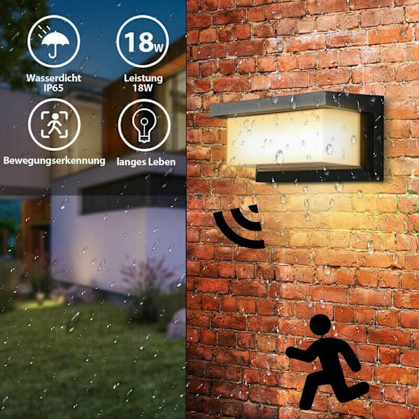 LED væglampe 18W LED sensor IP65 udendørsbelysning med bevægelsessensor terrasser haver varm hvid - sort