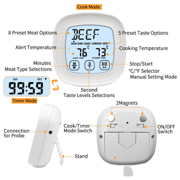 Digital kötttermometer med dubbla sonder och stor bakgrundsbelyst LCD-skärm, grilltermometer för ugn, kök och rökare med timer,