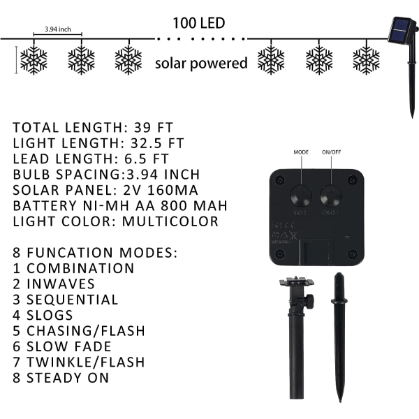 100 LED solcelledrevne julesnøflaklys utendørs, 39 fot solcelledrevne snøflaklyskjede vanntett for juletre, høytid, bryllupsfest, Pati