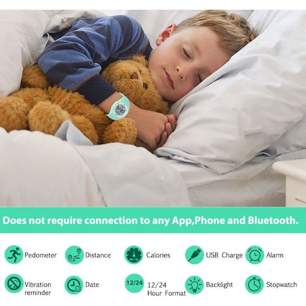 Cyanfärgad digitalklocka för barn med stoppur, belysning, alarm, datum, stegräknare, promenad, ej ansluten - Sportklockor för flickor och pojkar med silikonarmband