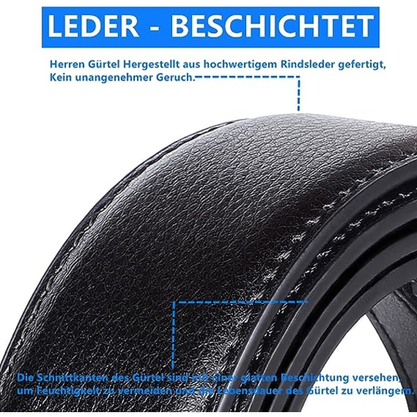 Herrbälte Läder Spänne Bälte för Män 110-130cm Bred Svart Automatisk Spänne Bälte