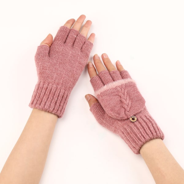 Korta uppfällbara fingerlösa handskar i ylle för kvinnor, varma och moderiktiga stickade halvfingerärmar (rosa)