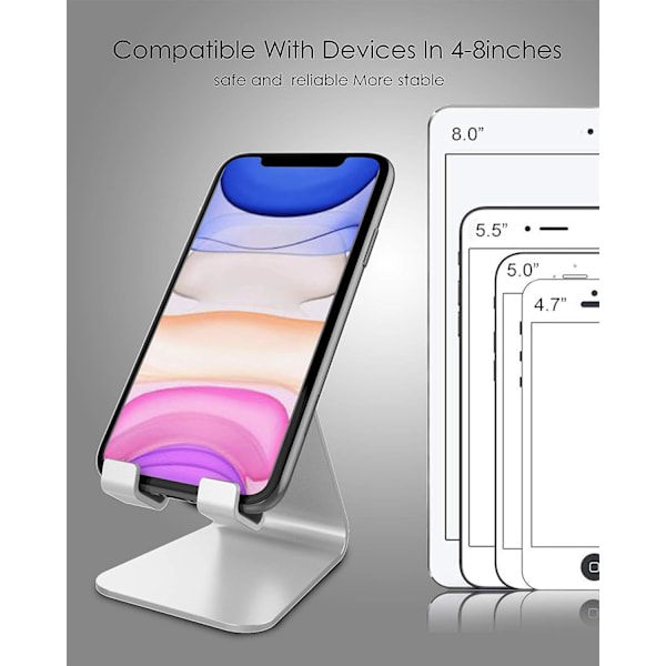 Puhelimen pidike, alumiininen työpöydän teline, yhteensopiva iPhone 12 Mini, 12 Pro, 11 Pro Max, XS Max XR X Se 8 7 6 6s Plus Huawei, Samsung S10 S9 S8-