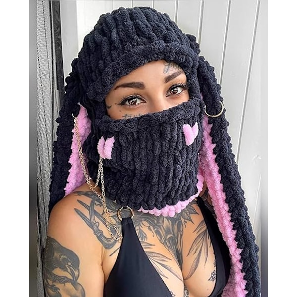 Strikkede kanin balaclava kaninører hæklet ansigts skimaske vinter varm sweater hue fluffy hættede tørklæde hat kvinder
