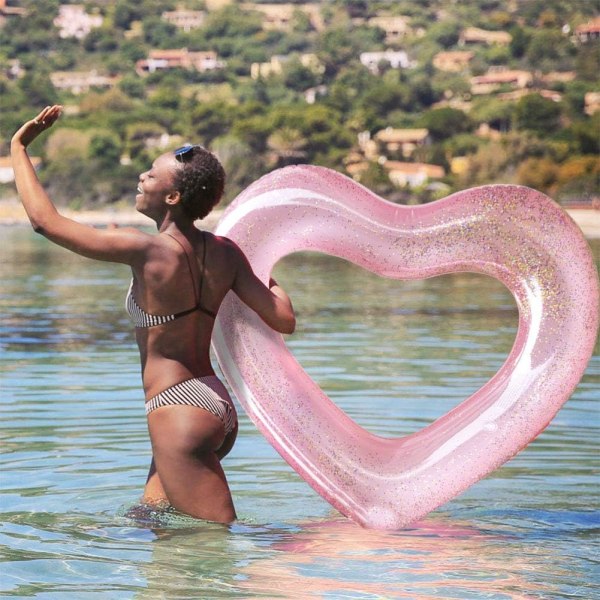 Paljetthjärtformad uppblåsbar ring (120 cm OD), uppblåsbar poolflottör, poolpartyleksaker, vuxenflottörkul