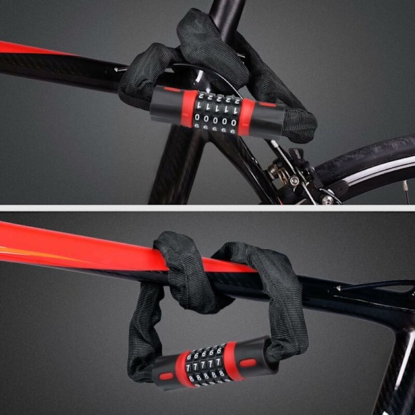 Kode cykel tyverisikringskæde, 5-cifret cykellås, 5,5 mm x 90 cm zinklegering kombinationslås, rød