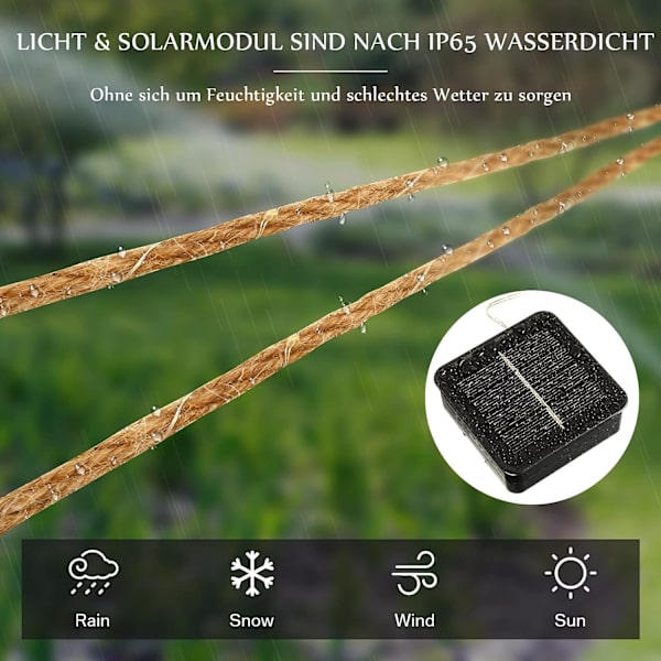 15m 200LEDs solcellelyskjede, 150cm IP65 sisalstjernelampe, hagelys med 200 LED - varmt hvitt 3200k, for utendørs hage terrasse balkong