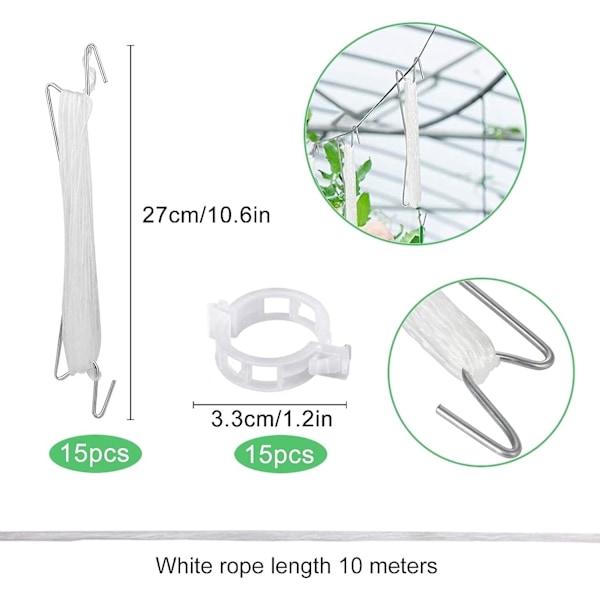 (Hvid) Tomatholder Krog, 15 Stykker Tomatreb Krog Holder med 10m Reb og 15 Stykker Holder Clips, Have Tomatkrog til Have, Blomster, Vege