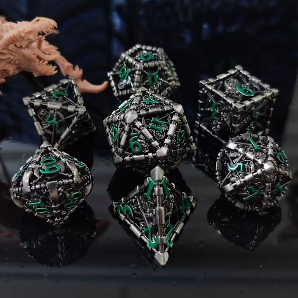 7 Dungeons and Dragons terninger (sølv med grønne bokstaver), HNCCESG Polyhedral Dice Set 3D metall hul blekksprut rollespill terninger D4/D6/D8/D10 (0-9 og