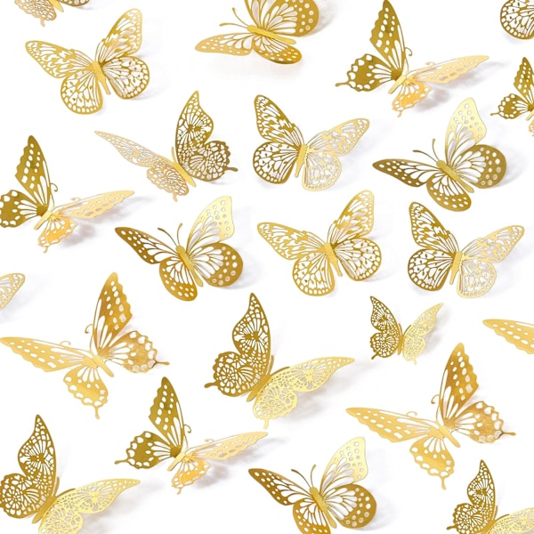3D Butterfly Wall Decor 48pcs, Guld Sommerfugl