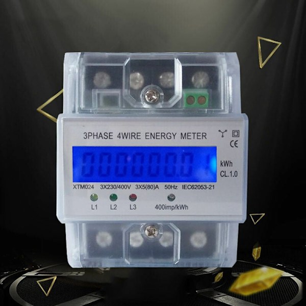 Triphase Energy Corner A 4 Trådar 220/380V 5-80A Energiförbrukning KWH Installationsräknare på DIN-skena CURNER COMPTER NUMERIAL MED RETRO-SCLAGE LCD