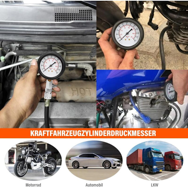 Sylinderkompresjonstester, kompresjonsmåler for bensinmotorer, 0-21 bar & 0-300 PSI med tennpluggtester og 4 M112 M14 M18 M18 adaptere