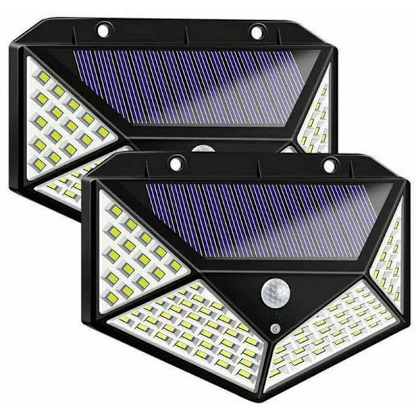 2 kpl 100 LED aurinkolamppu, ihmisen auringonvaloa simuloiva aurinkopaneeli, erittäin kirkas, energiaa säästävä, 3 tilaa, vedenpitävä valaistus, liiketunnistin puutarhaan