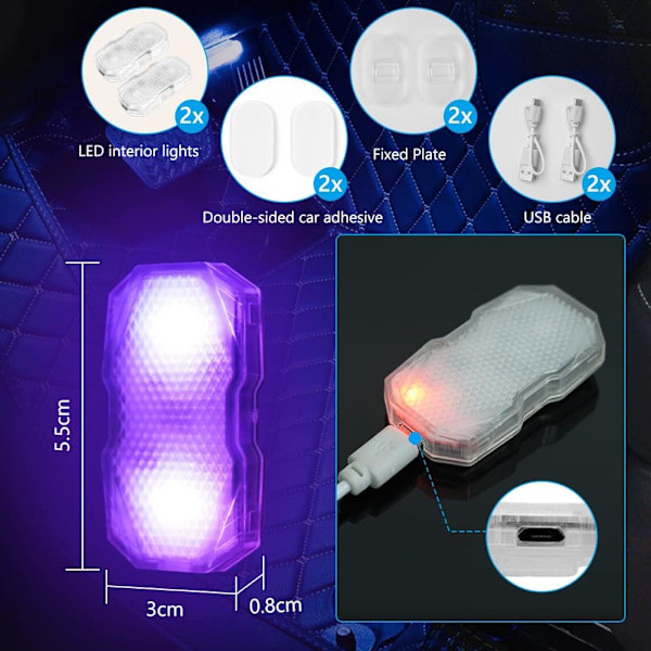Auton tunnelmavalot, 2-pakkaus kosketusohjattavat auton sisävalot, rajoittamaton USB-lataus DIY värikkäät auton koristevalot, 7 väriä - 3 valaistustehostetta