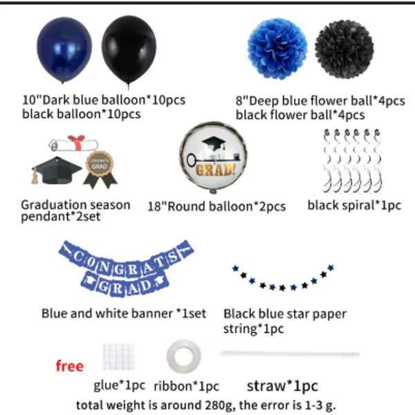 Eksamensballongdekorasjoner (svart og blå), bannerpapir pomponger viftehengende virvler konfettikonfetti krans festballonger graduati