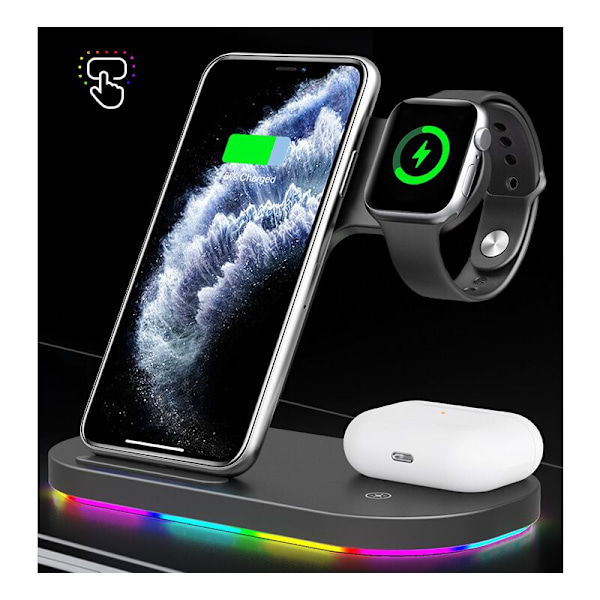 3 i 1 Trådlös Laddningskabel, Snabb Laddningsstation Touchkontroll LED-Display Indikator för Smartphone Klocka Hörlurar - Svart