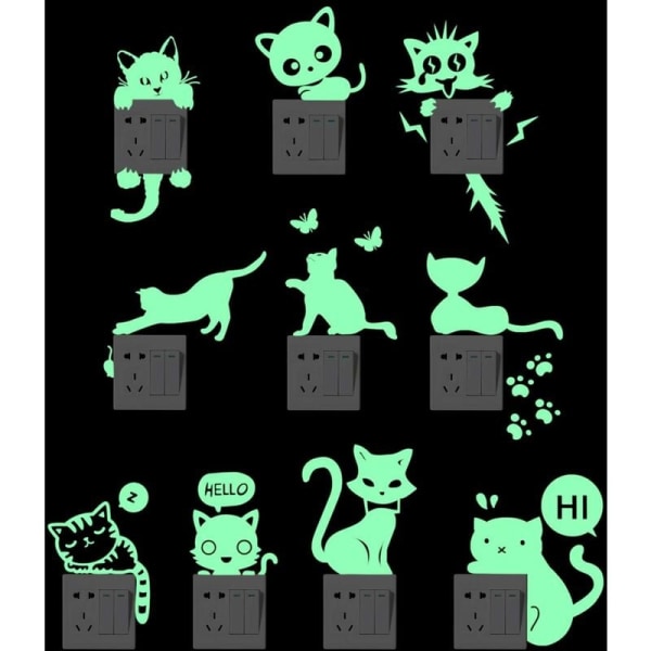 10pcs Luminous Switch Sticker Decals Creative Cat Fluorescent Stickers Waterproof Wall Decorative Stickers Wall Decorations