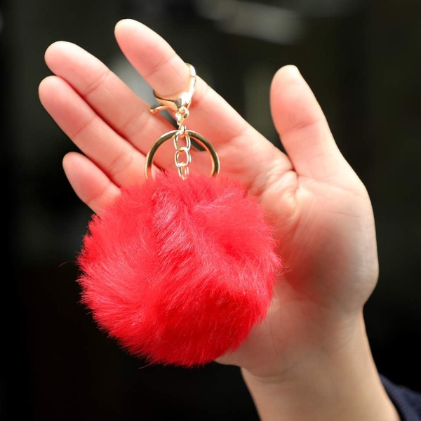 Myk kunstig kanin (rød) pels nøkkelring Pompom Ball Fluffy Key