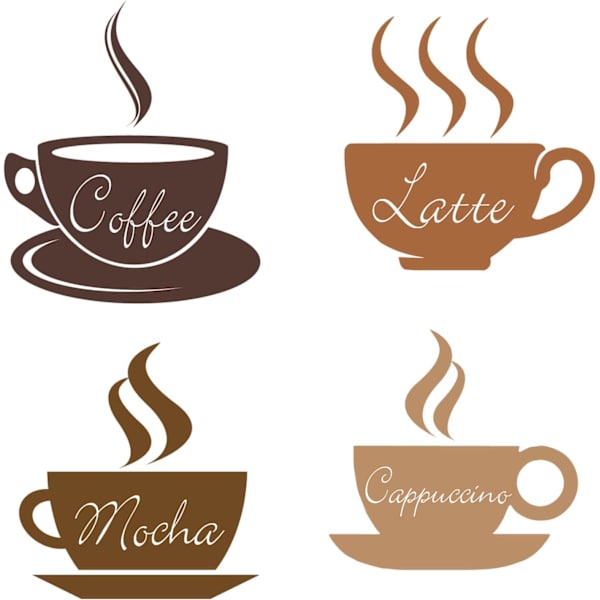 1 sarja 4 kahvi latte mokka cappuccino ruskea seinätarraa kuori ja kiinnitä irrotettavat vinyyli seinätarrat keittiöön kahvilaan baariin olohuoneen seinäkoristeluun