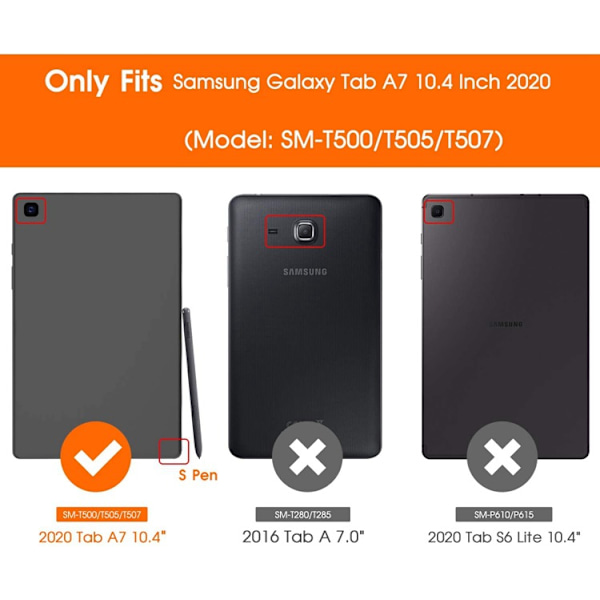 Passar Samsung TAB A7 10.4 surfplattafodral med pennhållare 2020 modell droppsäkert skyddande fodral, stabil magnetisk flip-svart