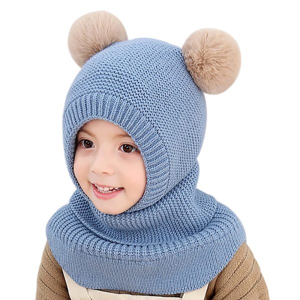 Børne Vinter Varm Hue Halstørklæde, Varm Strikket Hætte Hue, Ørevarmere, Dobbelt Pom Pom Design, Hue Hat, Fleece For, Til Småbørn Piger Drenge (Blå)