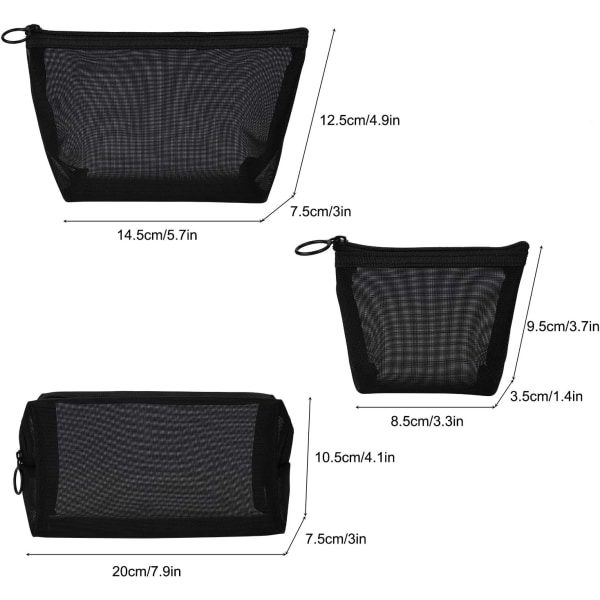 Mesh Kosmetikpung 3 Stykker Rejsetaske med Lynlås Makeup Organizer Tasker til Mænd og Kvinder (Sort)