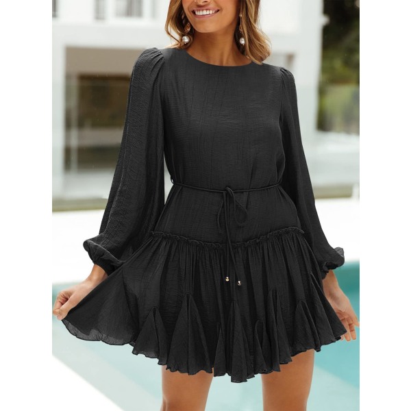 Women's Spring Summer 2023 Round Neck Puff Sleeve Ruffle Layered A-Line Flowy Skate Mini Dress