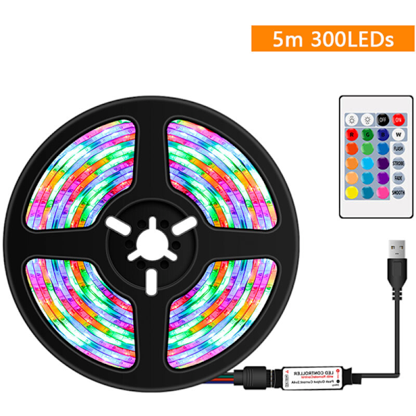 USB Dimbar RGB Fargerike LED-striper med 16-farget IR-fjernkontroll og 4 lysmoduser 5m 300ed lysstreng for TV hjemmelaget kjøkkendekorasjon