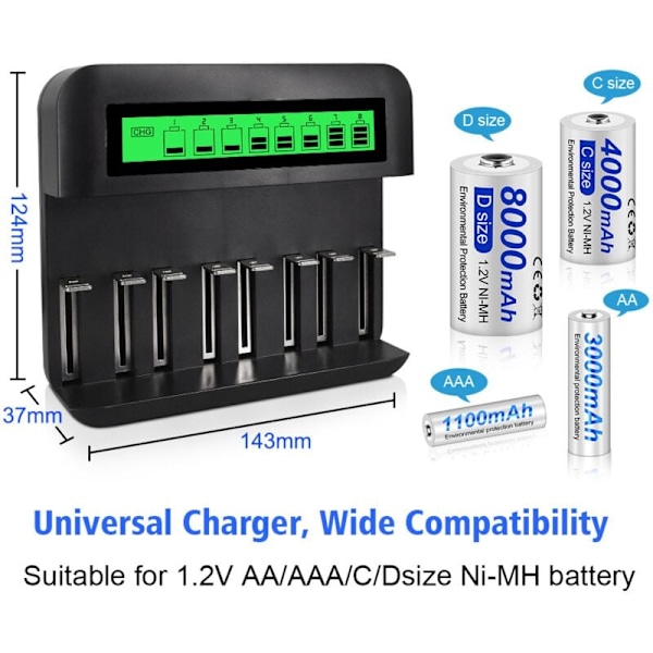 LCD universal batterioplader med 8 pladser og USB-port