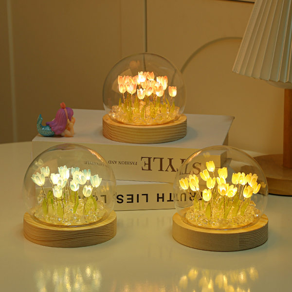 Tulpan Nattlampa Möbler Atmosfär Ljus Blå Glas Dome Konstgjord Blomma Remsor LED Sovrumsdekoration Tulpan Present (Färdig Produkt - Lila)(