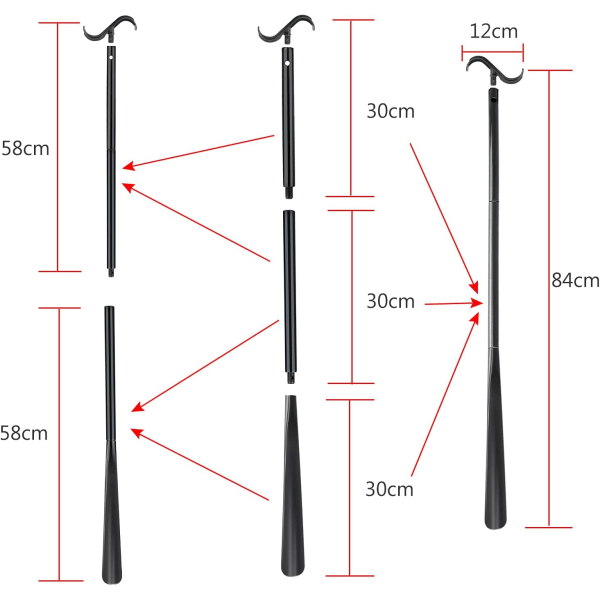 Musta ja valkoinen 84 cm pitkä pukukoukku sukanpoistotyökalulla, säädettävä, pukemisapu kengille, sukille, paidoille ja housuille vanhuksille ja vammaisille