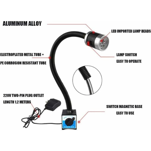 Justerbar LED-arbetslampa i aluminiumlegering med magnetfot, LED 360 ° roterbar maskinarbetslampa med strömbrytare, för CNC-maskinverktyg, 9w 220v