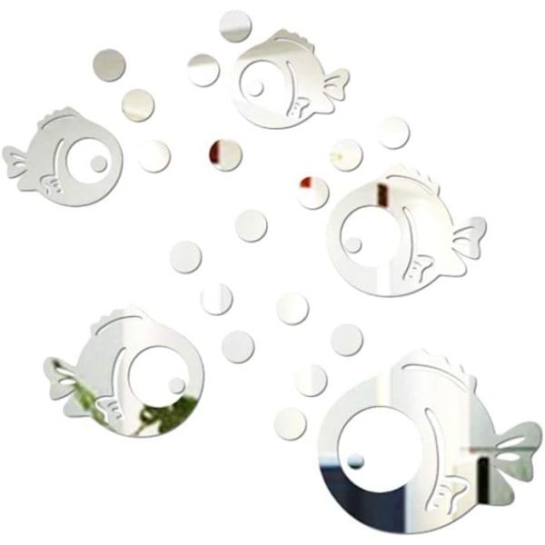 3D Fisk og Bobler Akryl Vægsticker Spejl Stickers til Soveværelse Stue Badeværelse Dekoration Sølv
