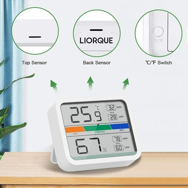 Digital termometer-hygrometer, rumstemperatur hygrometer med magnet, för minsta / maximala registrering av rumsluftkonditionering, med batteri, whi