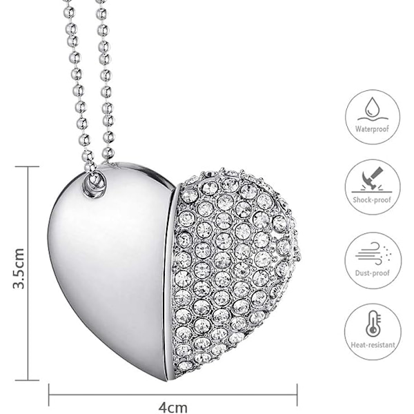 Hjärtformad diamant USB-minne (silver 32 GB), avancerad Heart Diamond höghastighets USB 3.0 flash-datalagringsenhet minnespenna flash-enhet