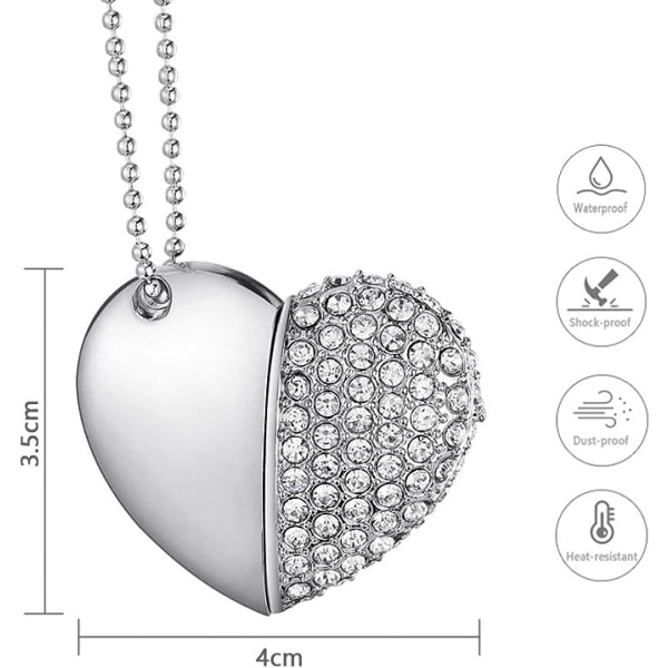 Hjerteformet diamant USB-flashdrev (sølv 32GB), avanceret Hør