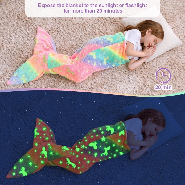 Børns havfruehale, lysende-i-mørke tæppe pigegave, blød flannel uld småbørn havfruetæppe med regnbuefiskeskala design 112*58cm